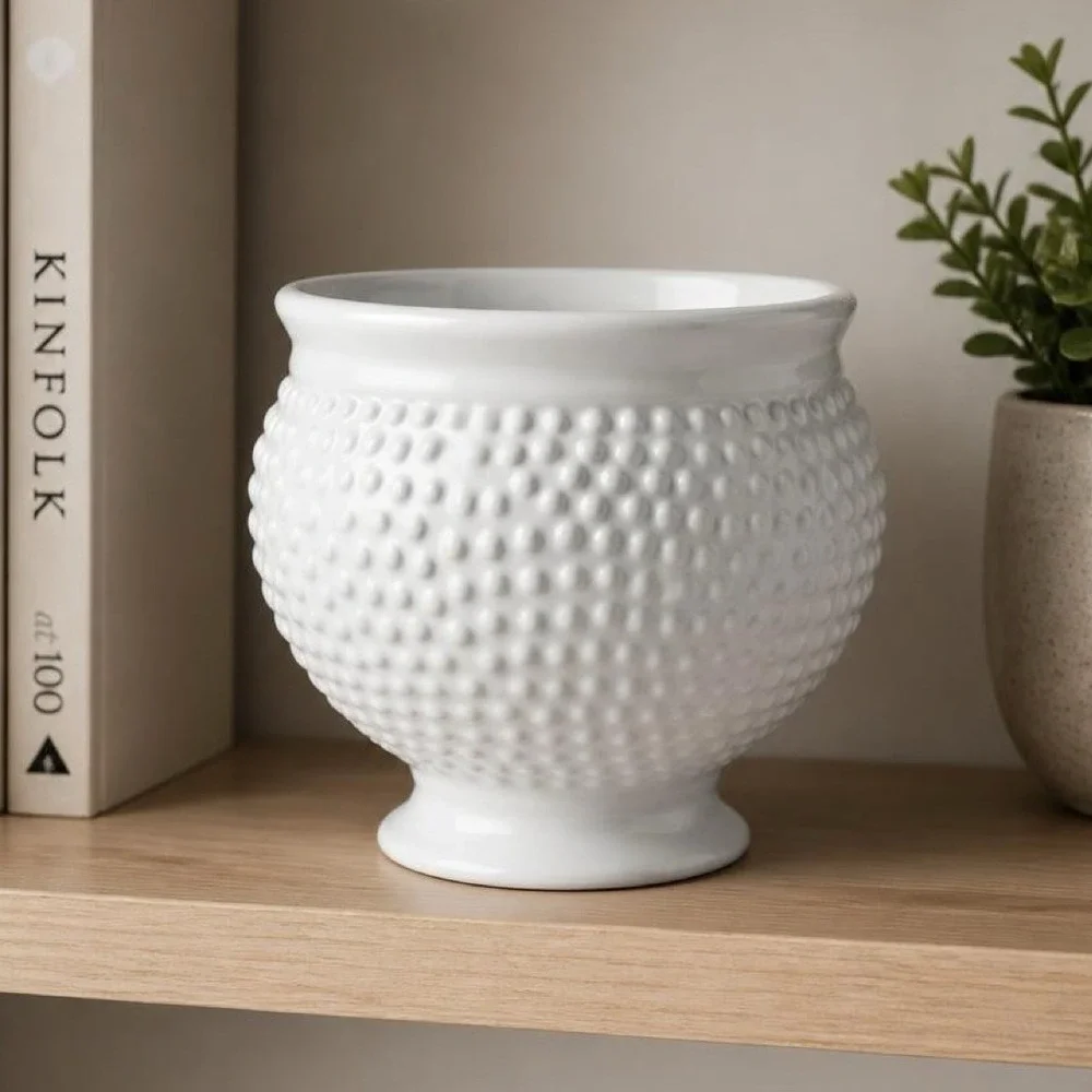 White Ceramic Hobnail Planter Pot Pedestal Base Textured Boho Decor